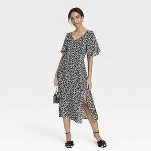 Women's Crepe Flutter Short Sleeve Midi Dress